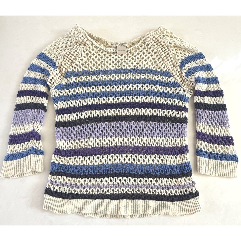 Lucky Brand Open Knit Crochet Sweater Sz M Beachy Boho Y2K Silk‎ Cotton Blend